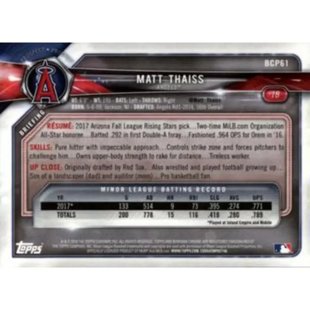 2018 Bowman Chrome Prospects Matt Thaiss BCP61 Los Angeles Angels